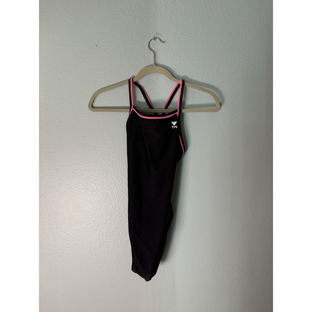 TYR Alliance T Splice One Piece Swimsuit Youth 26 Girls Size 10 12 Black Pink
